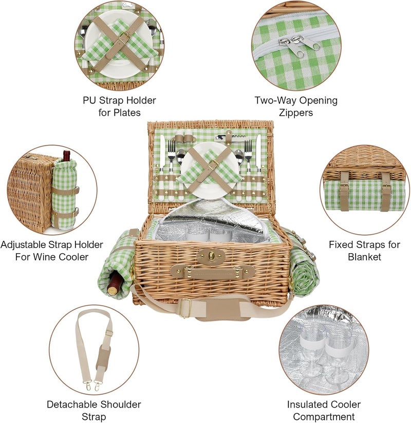 WILLOW WEAVE Picnic Basket for 2, Insulated Willow Picnic Baskets with Shoulder Strap, Picnic Hamper with Waterproof Picnic Blanket, Handmade Wicker Hamper for Outdoor Camping, Green Check - Image 4